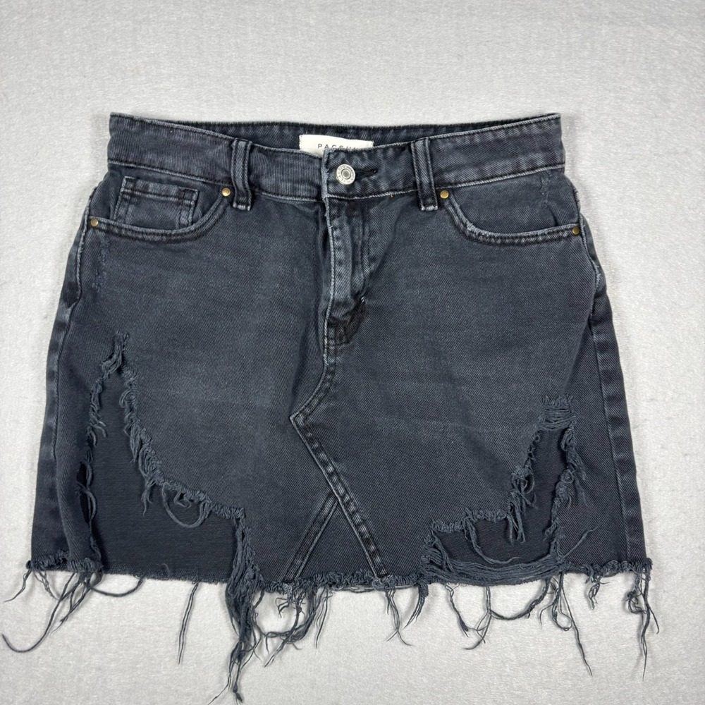 PacSun Women's Black Distressed Denim Mini Skirt Frayed Hem Size 25 Juniors